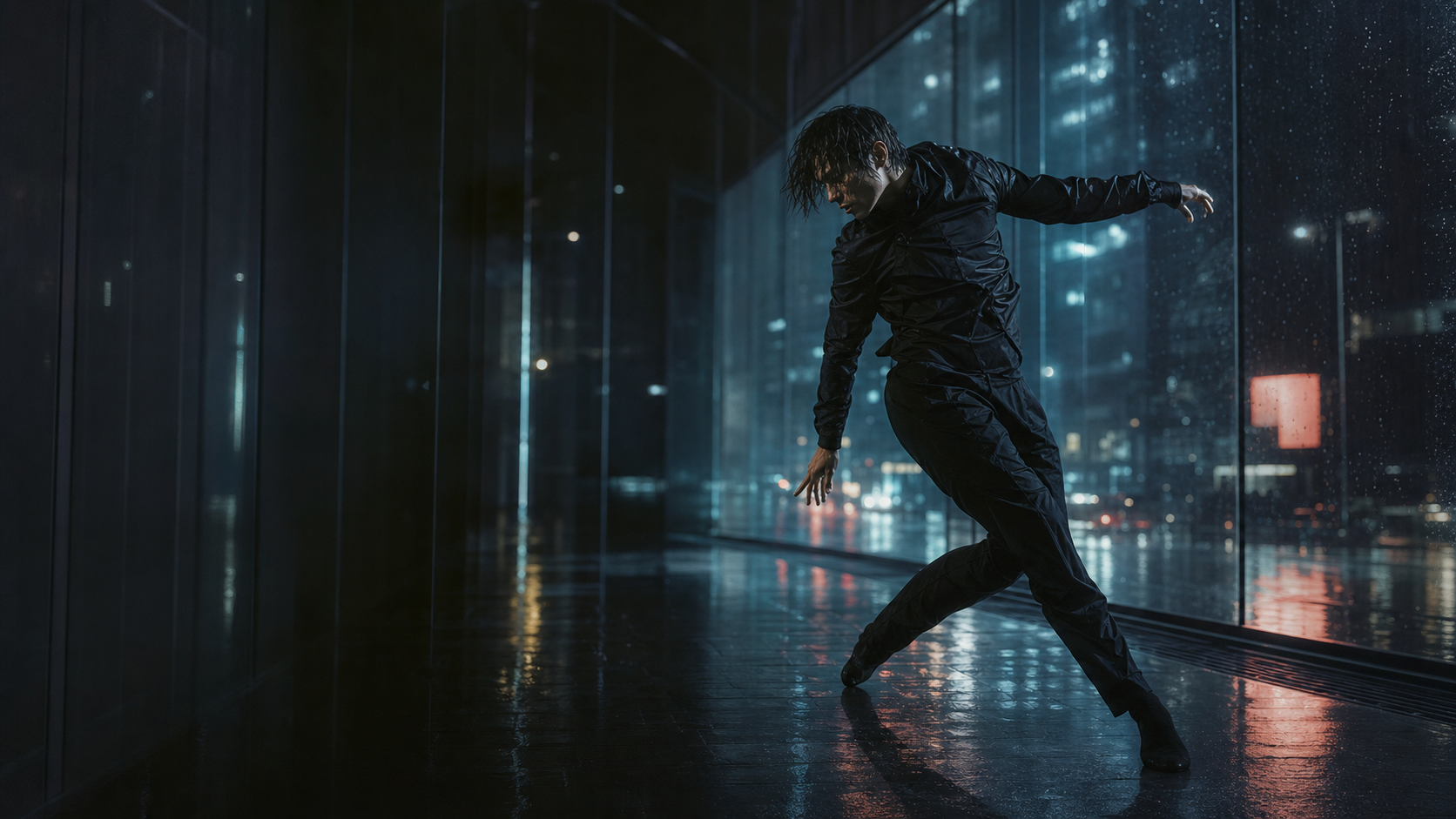 Generated cinematic dancer moving through rain-lit city glass