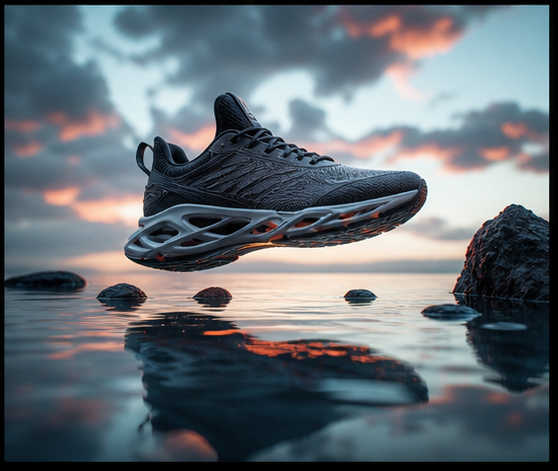 Generated product image over reflective water