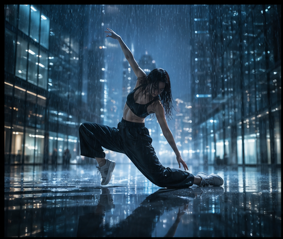 Generated dancer in rain-lit city glass